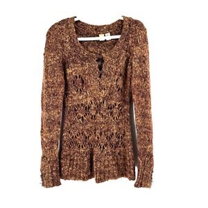 BKE Buckle Women's Chunky Knit Sweater Medium Brown Cut Outs Metallic Thread